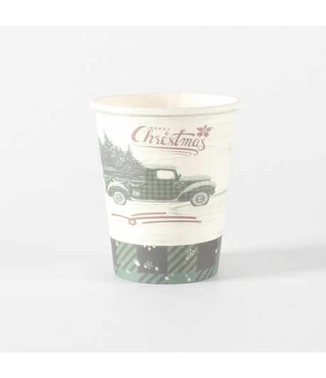 Set 10 Pahare, Imprimeu Masina de Craciun, din Carton, 250 - 300 ml, 7.5 x 8.4 x 5.3 cm, M