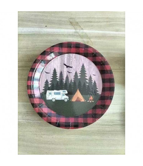 Set 10 Farfurii Unica Folosinta, 23 cm, Model Camping, Multicolor