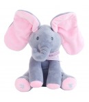 Jucarie Interactiva pentru Copii,Elefantel Peek-a-boo, Muzica, Misca Urechile, Alimentare cu Baterii, 30 cm, Roz-Gri