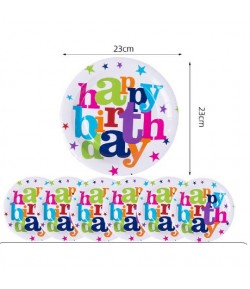 Set 6 Farfurii Unica Folosinta, Imprimeu Happy Birthday, din Carton, Diametru 23 cm, Multi