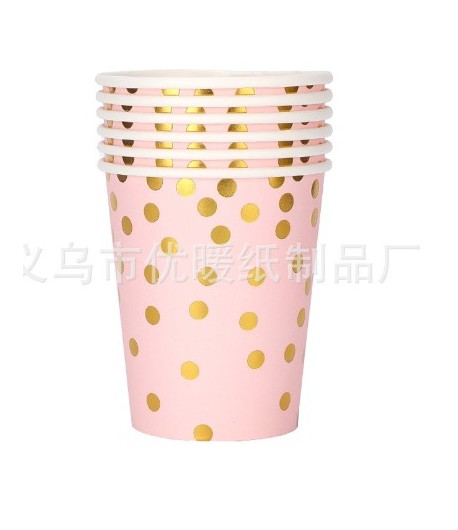 Set 10 Pahare, Imprimeu cu Buline, din Carton, 250 ml, 7.5 x 8.5 x 5.2 cm, Roz/Auriu