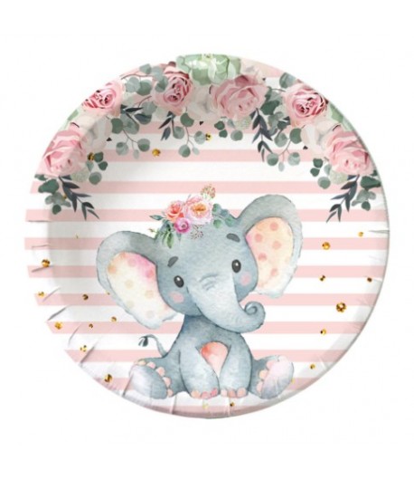 Set 10 Farfurii Unica Folosinta, Imprimeu Elefant, din Carton, 22 cm, Roz