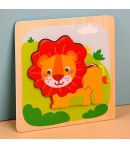 Puzzle Montessori din Lemn pentru Copii, 3D, 0-3 Ani, Model Leu, Educativ, Intuitiv, Creativ, 3 Piese, 15x15x0.5 cm, Multicolor