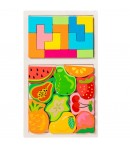 Puzzle Montessori din Lemn pentru Copii, Tip Tetris 2in1 +3 Ani, cu Fructe Colorate 3D, Educativ, Intuitiv, Creativ, 21 de Piese