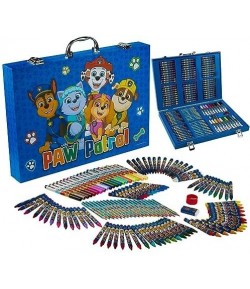 Set complet de colorat cu Paw Patrol-130 de piese, carioci, creioane cerate, stickere si accesorii, in servieta, Albastru