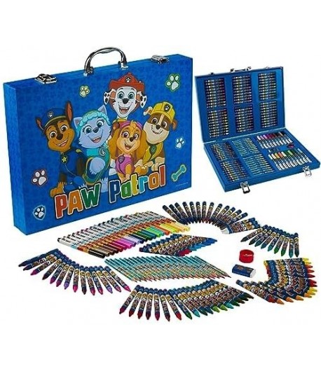Set complet de colorat cu Paw Patrol-130 de piese, carioci, creioane cerate, stickere si accesorii, in servieta, Albastru