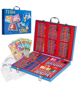 Set complet de colorat cu Sonic -137 de piese, carioci, creioane cerate, stickere si accesorii, in servieta, Albastru