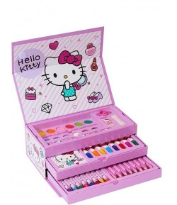 Set creativ de pictat cu Hello Kitty, 42 piese, creioane cerate, carioci, acuarele si accesorii, in trusa, Roz