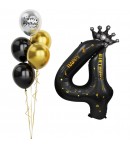 Balon din Folie Metalizata Figurina Cifra si Coroana, Scris Happy Birthday, Tema Aniversare 100 cm, Negru, Cifra 4