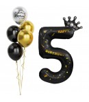 Balon din Folie Metalizata Figurina Cifra si Coroana, Scris Happy Birthday, Tema Aniversare 100 cm, Negru, Cifra 5