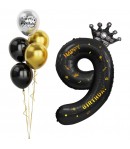 Balon din Folie Metalizata Figurina Cifra si Coroana, Scris Happy Birthday, Tema Aniversare 100 cm, Negru, Cifra 9