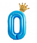 Balon din Folie Metalizata Figurina Cifra si Coroana, Tema Aniversare 100 cm, Albastru, Cifra 0