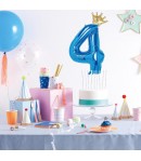 Balon din Folie Metalizata Figurina Cifra si Coroana, Tema Aniversare 100 cm, Albastru, Cifra 4