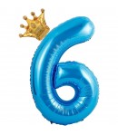 Balon din Folie Metalizata Figurina Cifra si Coroana, Tema Aniversare 100 cm, Albastru, Cifra 6