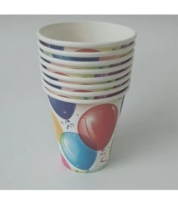Set 10 Pahare, Imprimeu cu Baloane, din Carton, 250 ml, 7.5 x 8.5 x 5.2 cm, Multicolor