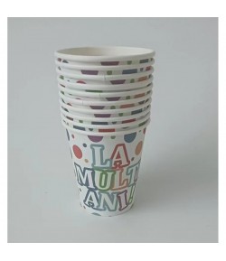 Set 10 Pahare, Imprimeu La Multi Ani, din Carton, 250 ml, 7 x 8.5 x 5 cm, Multicolor