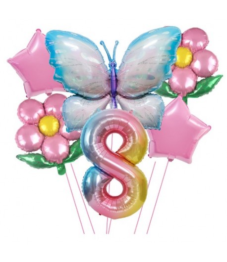 Set baloane aniversare cu numere 6 piese, 2 flori, 2 stelute, 1 fluture, Roz, Cifra 8