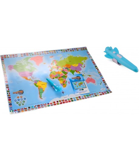 Harta interactiva a Lumii cu creion interactiv, Momki - 4 moduri de joc, bilingva - româna & engleza, 90x60 cm, 6+ ani