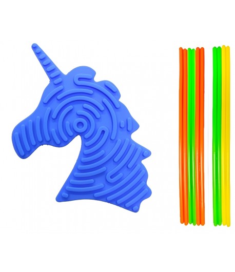 Jucarie senzoriala interactiva, antistres, model Unicorn, cu 11 betisoare multicolore, doua fete de joc, din silicon, 18.5 cm, A