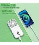Ventilator Portabil 3 in 1, de Mana, de Gat, de Birou, 16.7 x 8 x 1.9 cm, Incarcare USB, Pliabil, Afisaj Digital, Suport Telefon