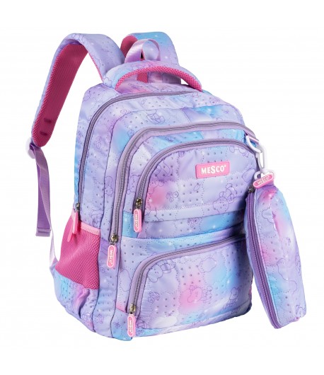 Ghiozdan scoala Mesco cu penar inclus, 4 compartimente, Mov Pastel, 44 x 32 x 16 cm