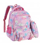 Ghiozdan scoala Mesco cu penar inclus, 4 compartimente, Roz/Multicolor, 44 x 32 x 16 cm