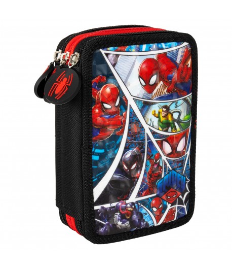Penar textil scoala, 3 compartimente, Spider-Man, Negru, 20 cm