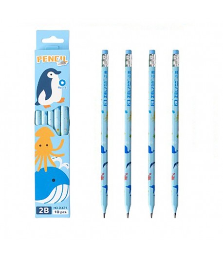 Set 10 Creioane Negre, 2B, pentru Elevi Scoala, cu Radiera, Model Albastru cu Pinguini