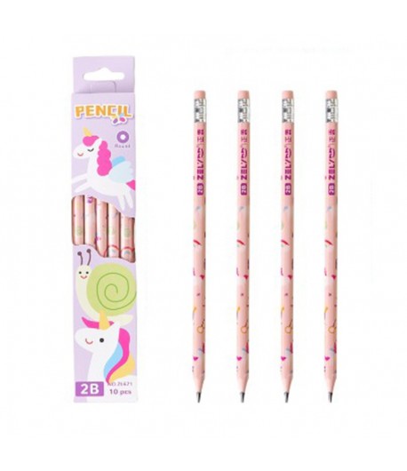 Set 10 Creioane Negre, 2B, pentru Elevi Scoala, cu Radiera, Model Roz cu Unicorni