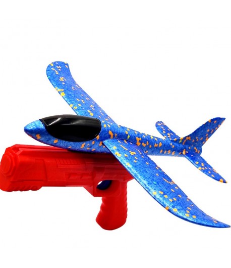Pistol cu Lansator de Avion, din Polistiren+Plastic, +3 Ani, Avion 38 cm, Lansare 10 m, Rosu/Albastru