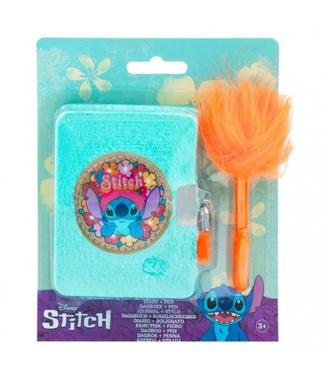Jurnal din Plush cu lacat si pix pufos, Stitch, 11 cm, Verde