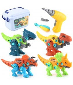 Set de Constructie/Asamblare, 4 Dinozauri, cu Bormasina Electrica, 22.5 x 14.5 x 15 cm, Multicolor