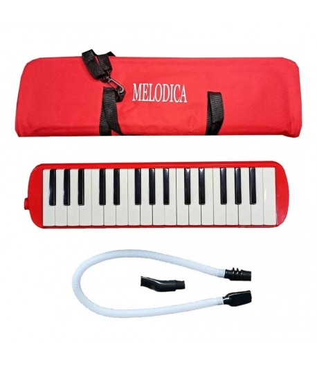 Muzicuta Melodica 32 Clape, din ABS, pentru Incepatori, 45 x 13 x 7 cm, Include Husa si Suflator, Rosu