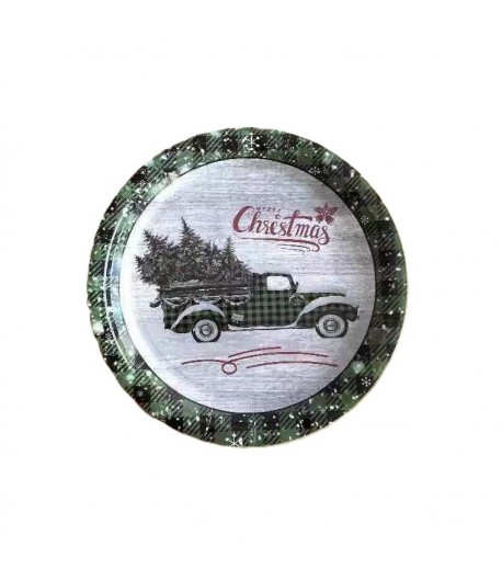 Set 10 Farfurii Unica Folosinta, 23 cm, Model Masina de Craciun, Multicolor