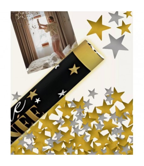 Tub de Confetti, Bonne Annee, 30x5 cm, Confetii Stelute din Aluminiu, Auriu/Argintiu