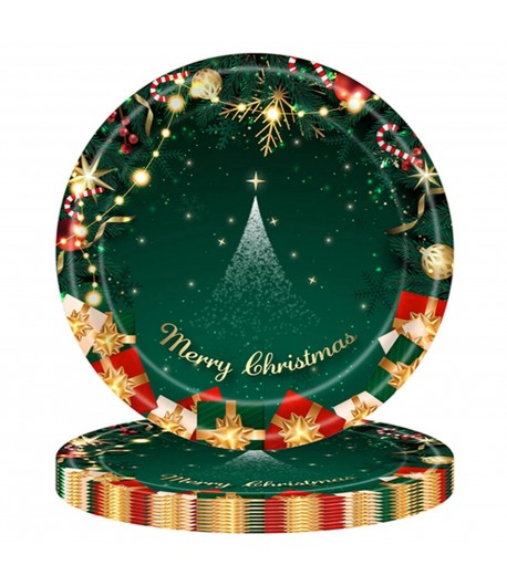 Set 16 Farfurii de Unica Folosinta, Model Brad de Craciun Merry Christmas, Tematica Craciu