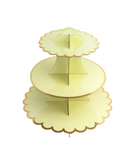 Etajera pentru Prajituri, din Carton, 3 Nivele, 16/22/29 cm Diametru, Inaltime 38 cm, Galb