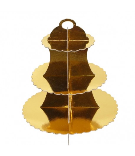 Etajera pentru Prajituri, din Carton, 3 Nivele, 16/22/29 cm Diametru, Inaltime 38 cm, Auri