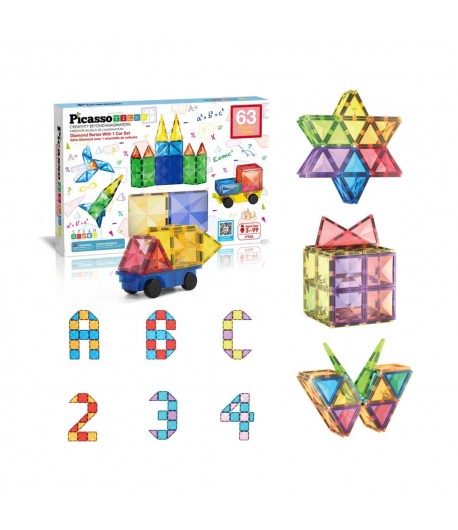 Set magnetic de construit, Masinute, Picasso, 63 piese, Pentru copii, Multicolor