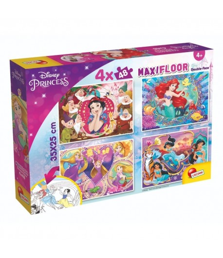 Puzzle de podea 2 in 1, Disney Princess, 4 x 48 piese, Pentru copii, Multicolor