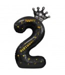 Balon din Folie Metalizata Figurina Cifra si Coroana, Scris Happy Birthday, Tema Aniversare 100 cm, Negru, Cifra 2