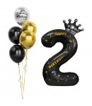 Balon din Folie Metalizata Figurina Cifra si Coroana, Scris Happy Birthday, Tema Aniversare 100 cm, Negru, Cifra 2