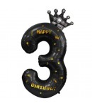 Balon din Folie Metalizata Figurina Cifra si Coroana, Scris Happy Birthday, Tema Aniversare 100 cm, Negru, Cifra 3