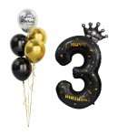 Balon din Folie Metalizata Figurina Cifra si Coroana, Scris Happy Birthday, Tema Aniversare 100 cm, Negru, Cifra 3