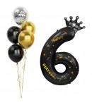 Balon din Folie Metalizata Figurina Cifra si Coroana, Scris Happy Birthday, Tema Aniversare 100 cm, Negru, Cifra 6