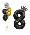 Balon din Folie Metalizata Figurina Cifra si Coroana, Scris Happy Birthday, Tema Aniversare 100 cm, Negru, Cifra 8