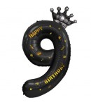 Balon din Folie Metalizata Figurina Cifra si Coroana, Scris Happy Birthday, Tema Aniversare 100 cm, Negru, Cifra 9