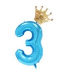 Balon din Folie Metalizata Figurina Cifra si Coroana, Tema Aniversare 100 cm, Albastru, Cifra 3
