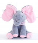 Jucarie Interactiva pentru Copii,Elefantel Peek-a-boo, Muzica, Misca Urechile, Alimentare cu Baterii, 30 cm, Roz-Gri