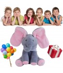 Jucarie Interactiva pentru Copii,Elefantel Peek-a-boo, Muzica, Misca Urechile, Alimentare cu Baterii, 30 cm, Roz-Gri